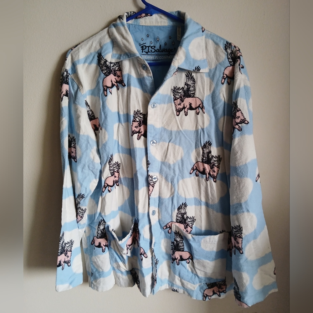 PJ Salvage When Pigs Fly  Pajama Top Large Cotton Flannel